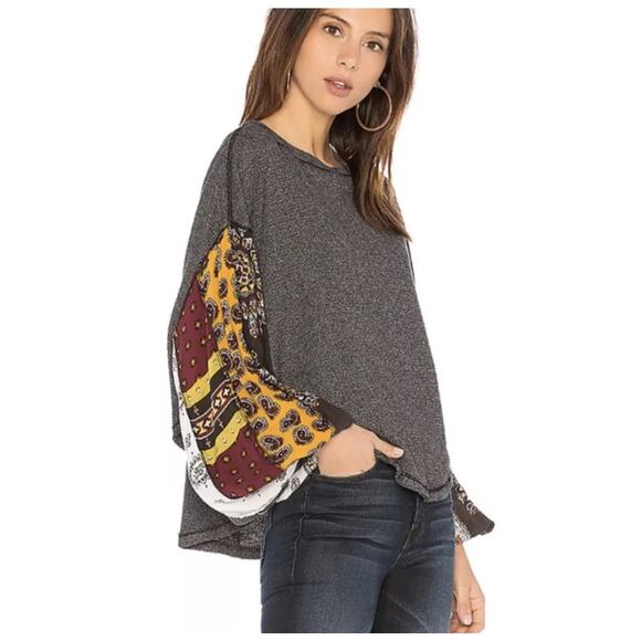 FREE PEOPLE Blossom Thermal Top Small Charcoal Waffle Knit Pieced Full Sleeves - Picture 9 of 11